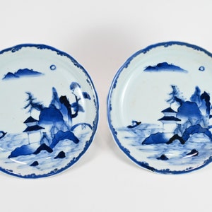 Pair Of Antique Japanese Blue And White Porcelain Arita Landscape Plate