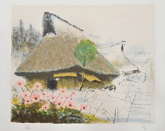 Japanese Lithograph Print Of House On Paper Artist Signed Unframed