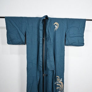 Vintage Japanese Blue With Wave Embroidery Decoration Yukata Kimono Jacket