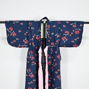 Vintage Kid Japanese Navy Blue With Flower Haori Kimono Yukata Jacket