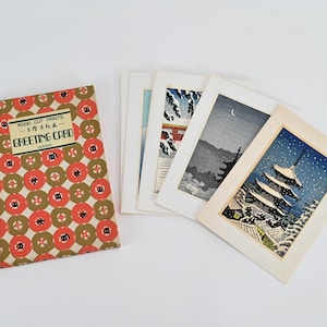 Caja vintage de Unsodo Publishing con seis tarjetas de felicitación japonesas pequeñas con grabados en madera famosos