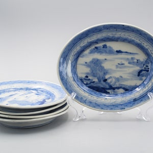 Rare Set Of 5 Antique Japanese Blue And White Porcelain Landscape Arita Oval Dish