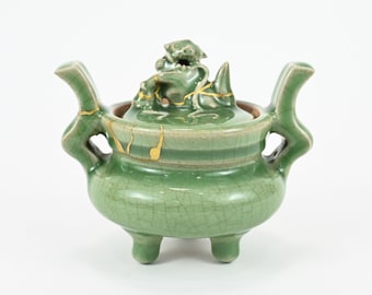 Antique Chinese Porcelain Longquan Celadon Ware Green Glazed Lion Foo Dog Tripod Censer Incense Burner Ming/Qing
