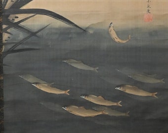 Fine Antique Japanese Hanging Scroll Painting On Silk Kakejiku Of River Fish Ayu