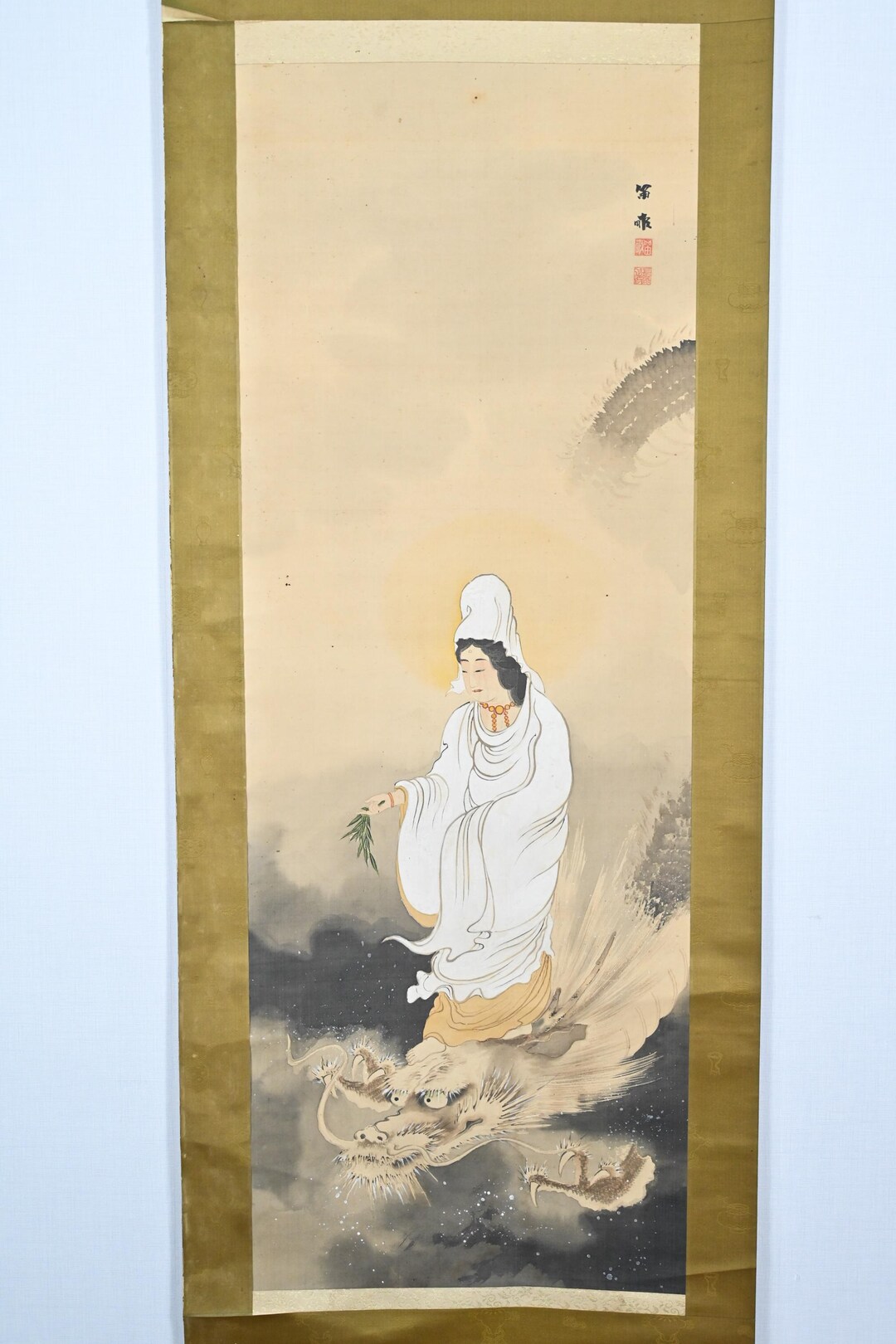 Antique Japanese Hanging Scroll Painting of Guan Yin on Silk