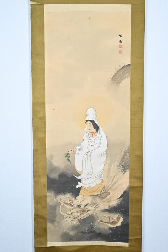 Antique Japanese Hanging Scroll Painting of Guan Yin on Silk