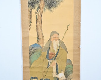 絹の掛軸に描かれた鹿と寿老人の縁起の良い日本のアンティークの掛け軸