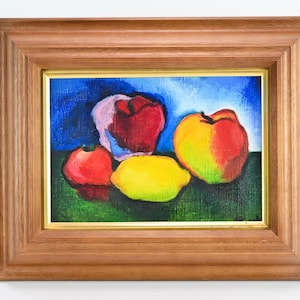 Vintage Japanese Oil Painting On Canvas Of Apples Signed Jun.N Framed