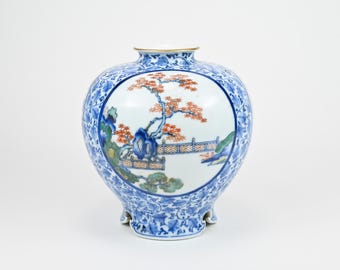 Jarrón de porcelana japonesa vintage pintado a mano de Fukagawa