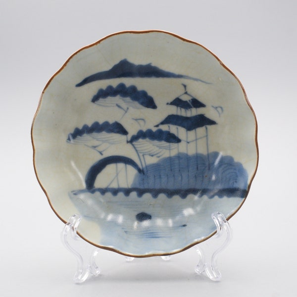 Antieke Japanse Edo Periode Blauw en Wit Porselein Sometsuke Imari Landschapsschotel