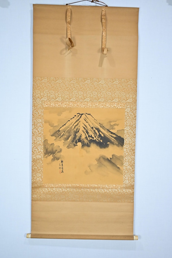 Antique Japanese Hanging Scroll Painting of Mt. Fuji on Silk