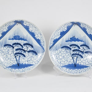 Pair Of Antique Japanese Blue And White Porcelain Arita Mountain Fuji Plate