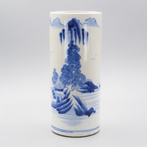 Antique Japanese Blue And White Porcelain With Land Scape Scene Vase Or Hat Stand