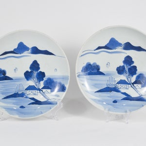 Pair Of Antique Japanese Blue And White Porcelain Arita Landscape Plate