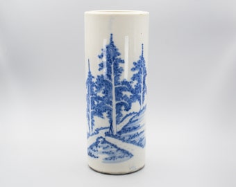 Rare Antique Japanese Blue And White Porcelain With Pine Three Decorated Cylindrical Vase Or Hat Stand