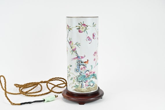 Antique Chinese Porcelain Famille Rose Peaches Cylindrical Lamp Republic Period
