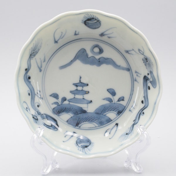 Antieke Japanse Edo Periode Blauw en Wit Porselein Sometsuke Imari Landschapsschotel