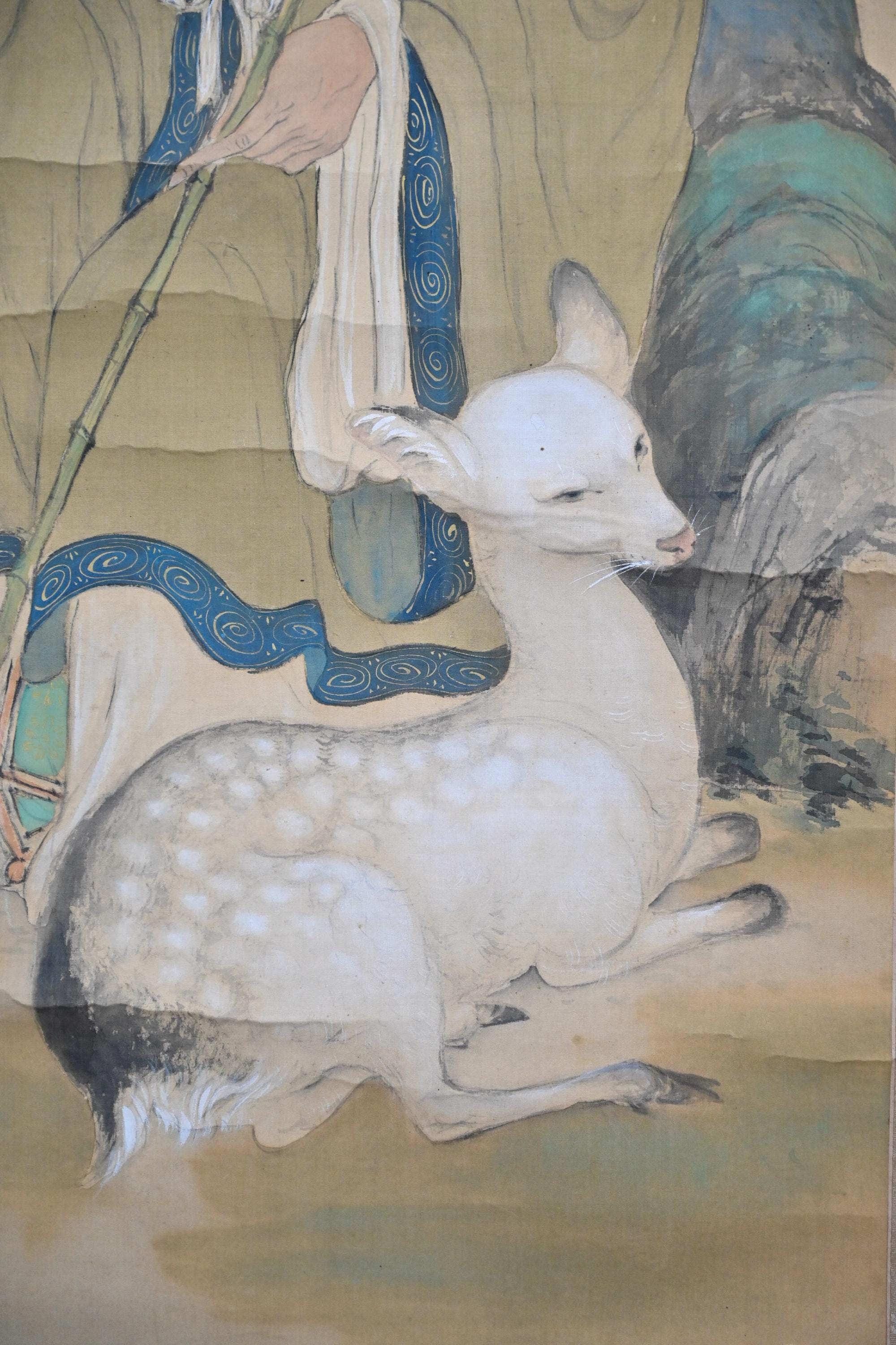不明 紙本 彩色 寿老人 人物 鹿 掛軸 掛け軸 絹の掛軸に描かれた鹿と寿老人の縁起の良い日本のアンティークの掛け軸
