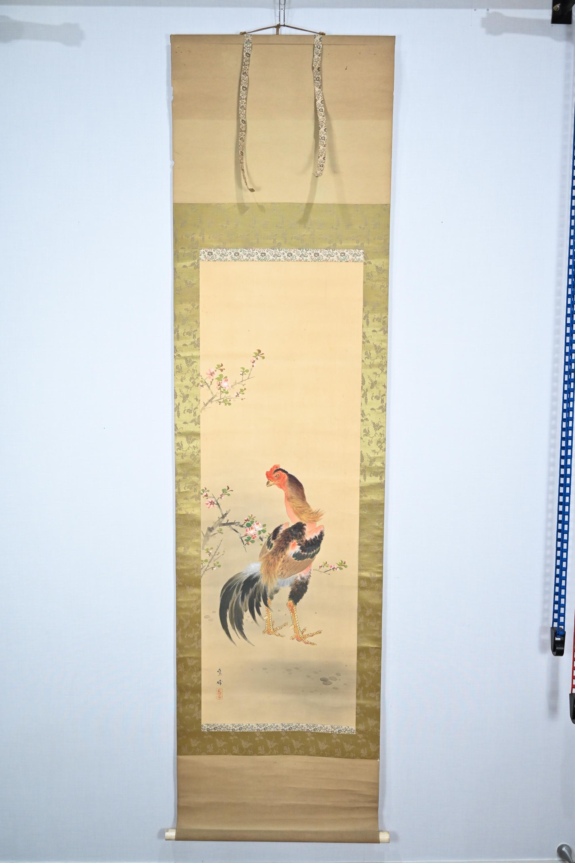 Antique Japanese Hanging Scroll Painting of Rooster on Silk