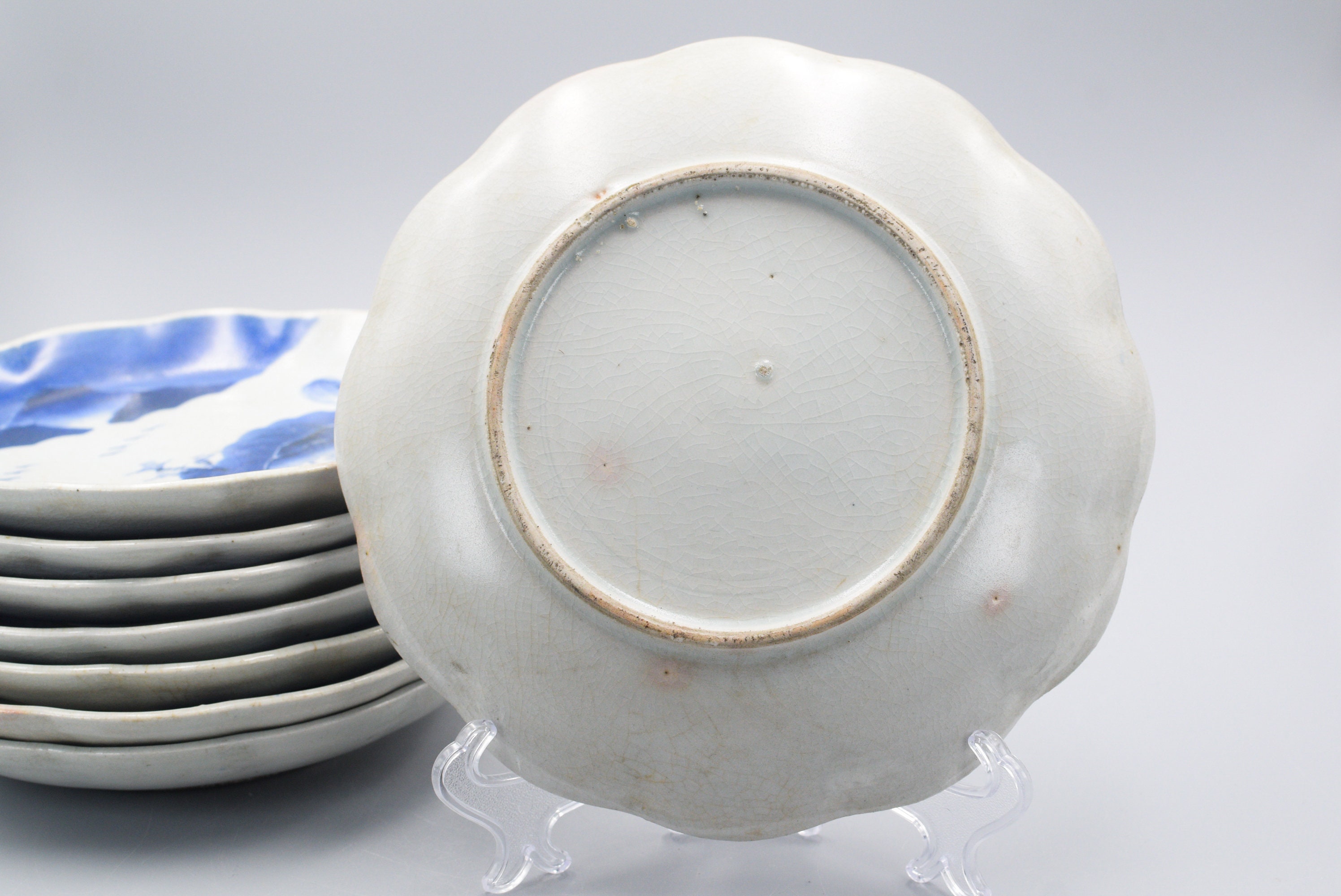 アンティーク 日本製 青白磁 染付 風景皿 江戸時代 8点セット