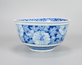 Antique Japanese Blue And White Porcelain Arita Floral Bowl
