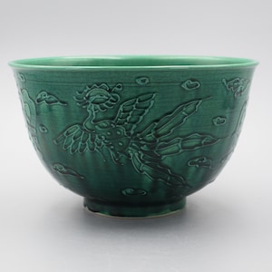 Vintage japanische Keramik Monochrom grün Phoenix Schale