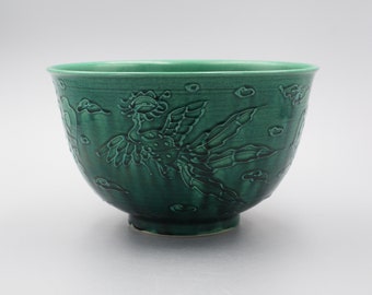 Vintage Japanese Pottery Monochrome Green Phoenix bowl