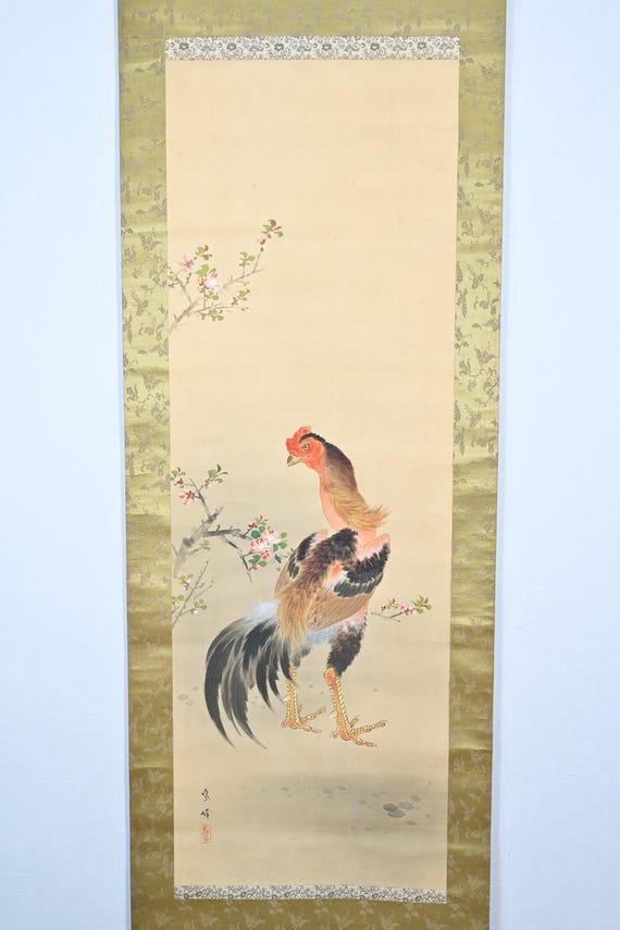 Antique Japanese Hanging Scroll Painting of Rooster on Silk