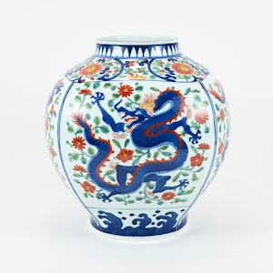 Vintage Japanese Studio Ceramic Porcelain Hand Painted Dragon Vase