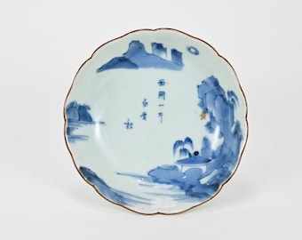 Antique Japanese Edo Period Blue And White Porcelain Sometsuke Imari Landscape Dish