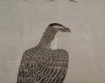 額入りアンティークな日本の絹刺繍「木にとまる鷹」 - Etsy 日本