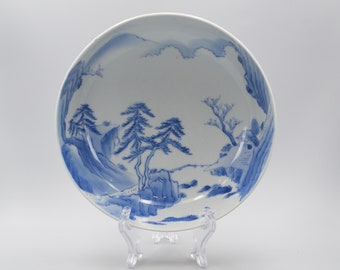 Antique Japanese Blue And White Porcelain Arita Imari Landscape Bowl