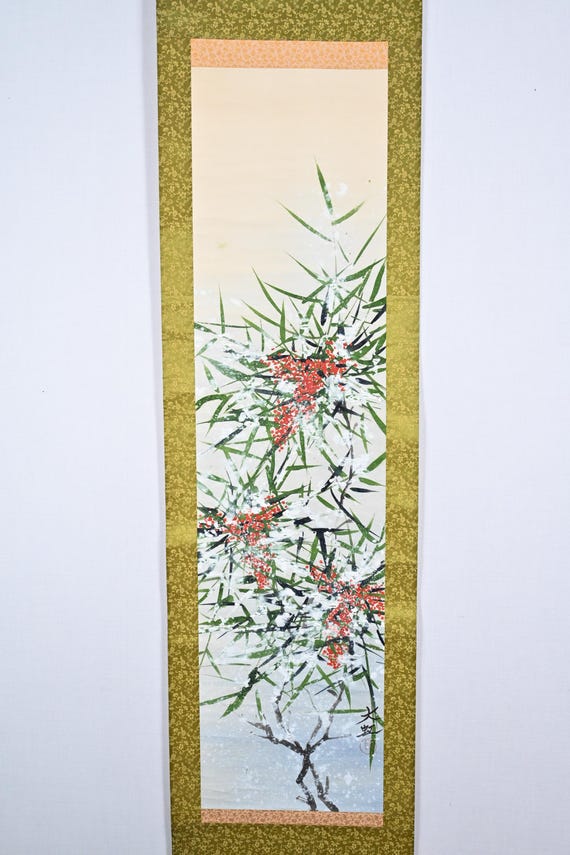 Vintage Japanese Hanging Scroll Painting of Flower on Paper