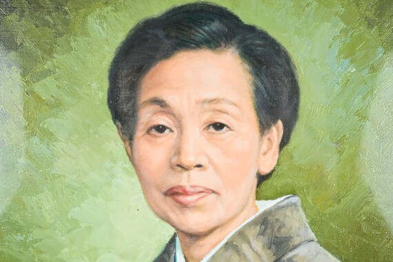 着物を着た高齢女性の美しい日本の油絵肖像画、アーティストのサイン
