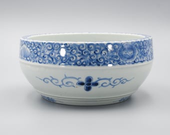 Antique Large Japanese Blue And White Porcelain Floral Arita Bowl Meiji Period