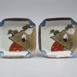 Pair Of Antique Japanese Porcelain Hand Painted Cranes Square Tray/Dish