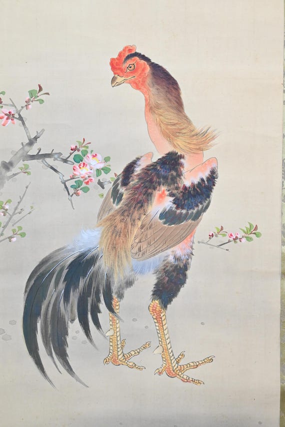 Antique Japanese Hanging Scroll Painting of Rooster on Silk