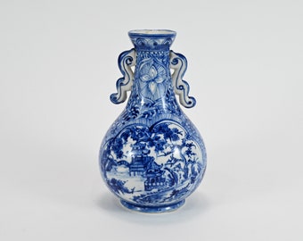 Vintage Japanese Blue And White Porcelain Arita Handled Vase