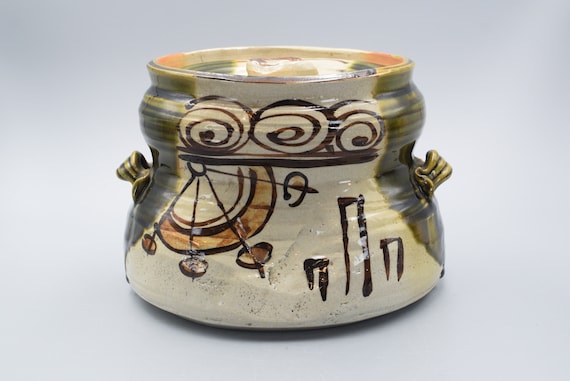 骨董品 手彫り模様茶色緑色グラデーション壺 花道茶道水差し 作家物 日本伝統工芸 希少なヴィンテージの日本陶器織部焼水差し冷水入れ茶道 - Etsy 日本
