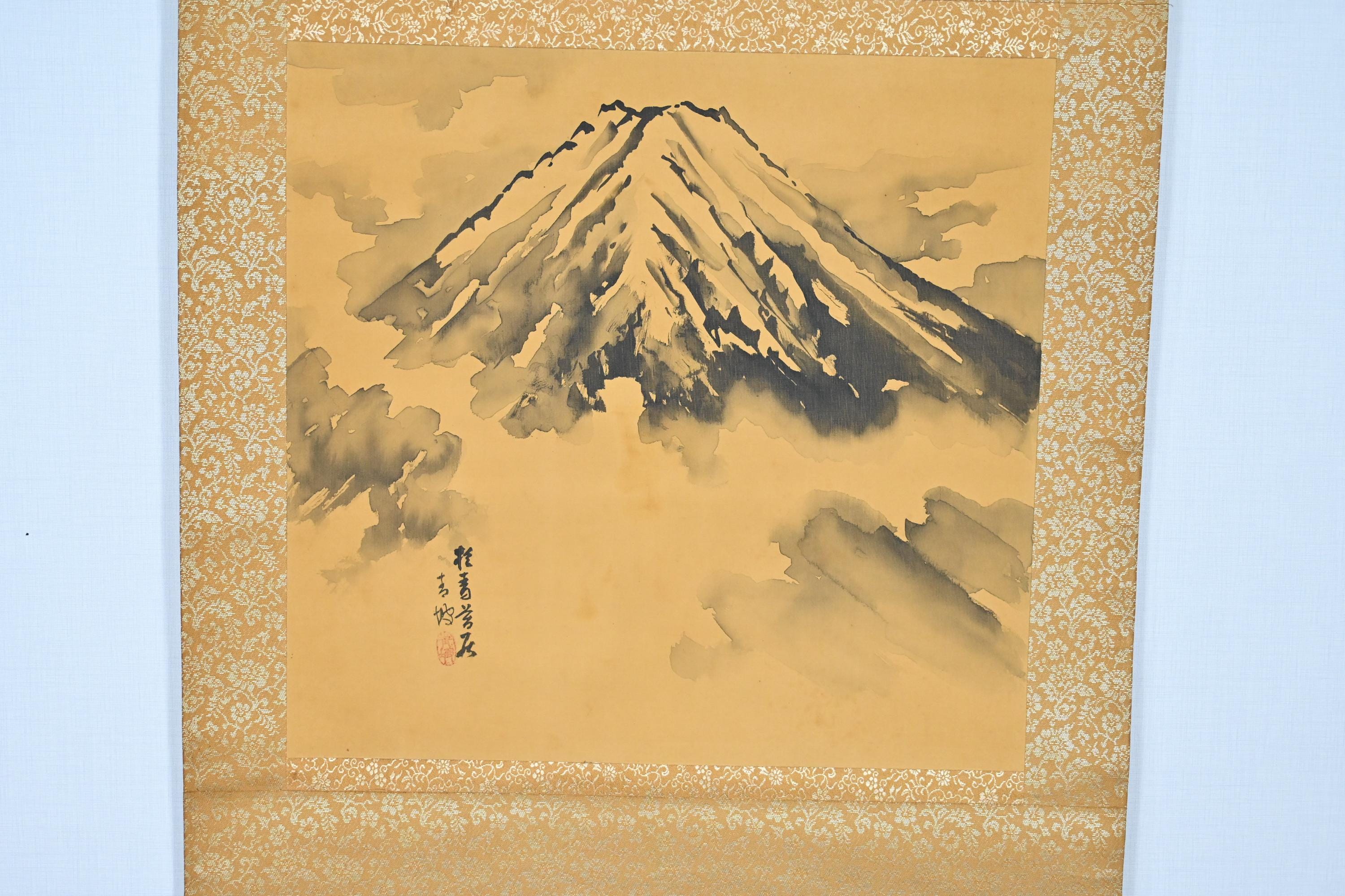 富士山 Mt.Fuji 書家：野原神川ガラスオブジェ 手書き Antique Japanese Hanging Scroll Painting of Mt. Fuji on Silk