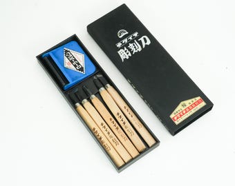 Juego de 5 cinceles japoneses Kikuichi sin usar para tallar madera. Herramientas de tallado en madera de los años 80-90.
