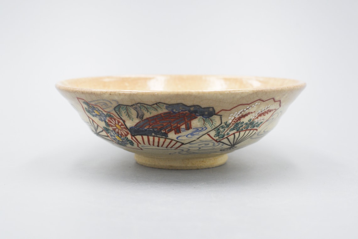 Vintage Japanese Pottery Crackle Glaze With Hand Drawn Fan Etsy