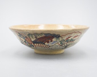Vintage Japanese Pottery Crackle Glaze With Hand Drawn Fan Decoration Chawan Ceremony Tea Bowl