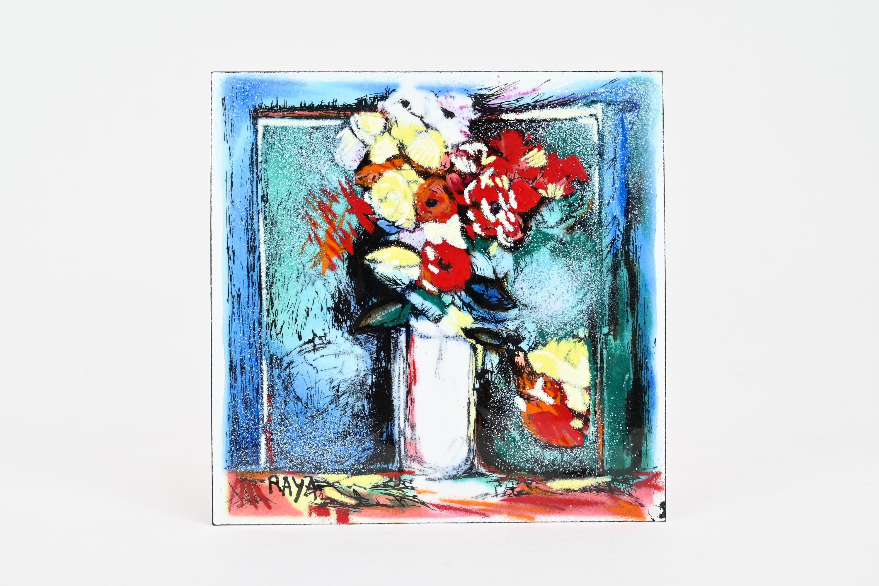 ラヤ・ソーキン フランスヴィンテージ静物画 エナメル七宝飾り額