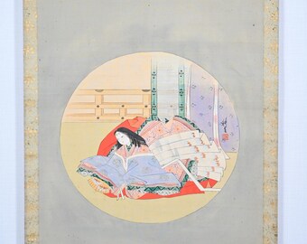 Antique Hanging Scroll Painting,bijinga,beautiful Woman in Kimono