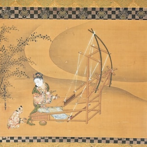 Rare Antique Japanese Hanging Scroll Painting On Silk Kakejiku Of Mother And Son 18/19th Century