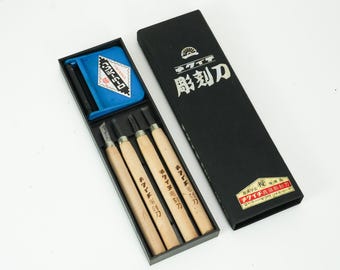 Juego de 4 cinceles japoneses Kikuichi sin usar para tallar madera. Herramientas de tallado en madera de los años 80-90.