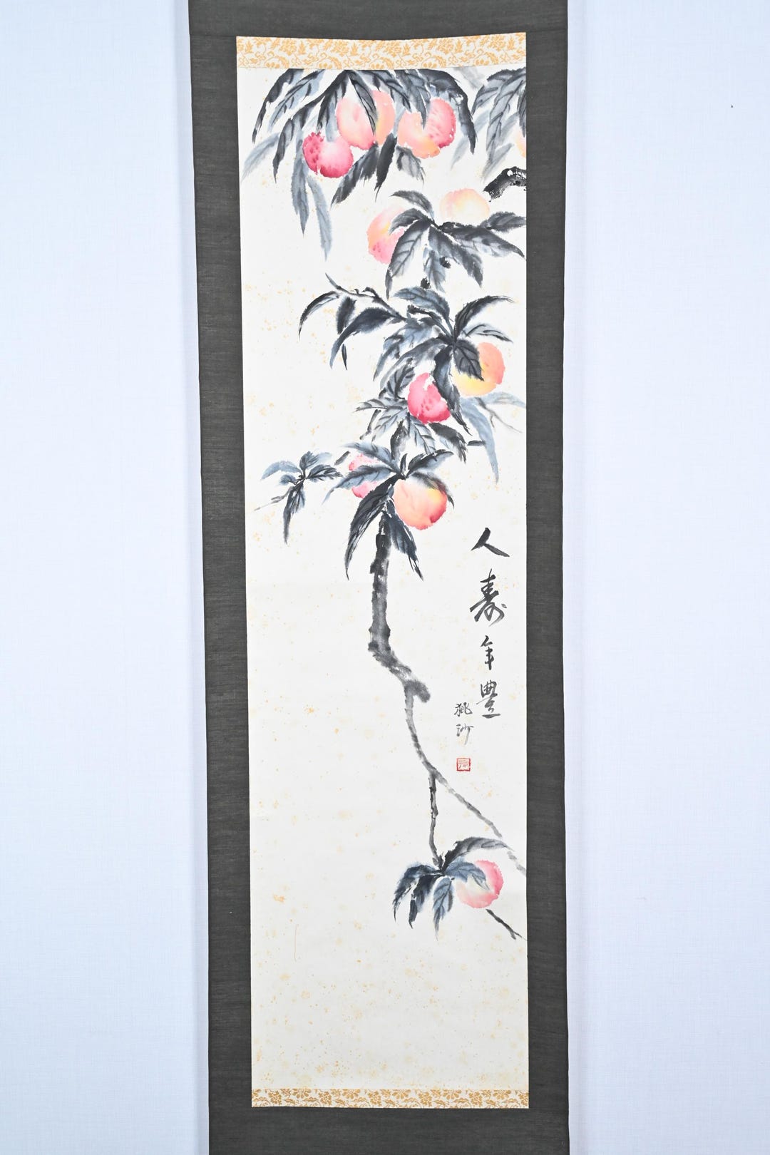 Vintage Chinese Hanging Scroll Painting of Peach Tree on Paper