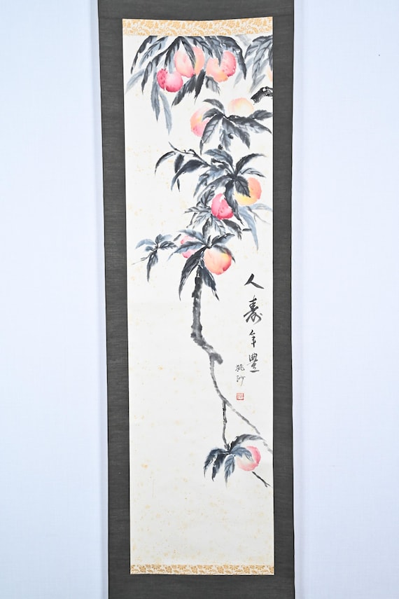 Vintage Chinese Hanging Scroll Painting of Peach Tree on Paper