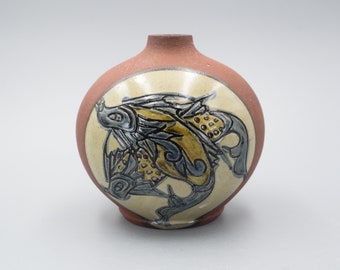 Fine Vintage Japanese Pottery Okinawan Style Twin Fish Globular Flower Vase